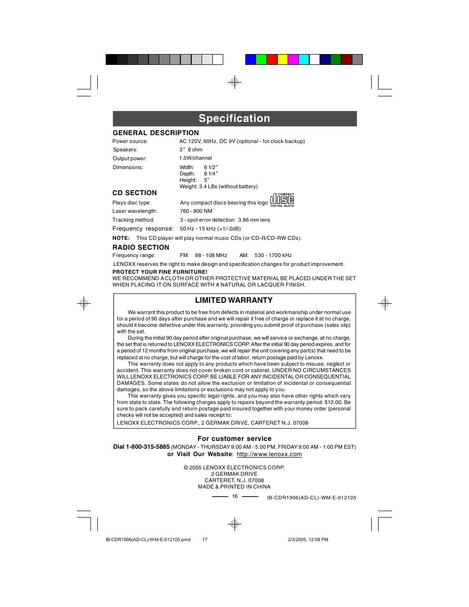 Specification, Limited warranty | Lenoxx Electronics CDR1906 User Manual | Page 17 / 17