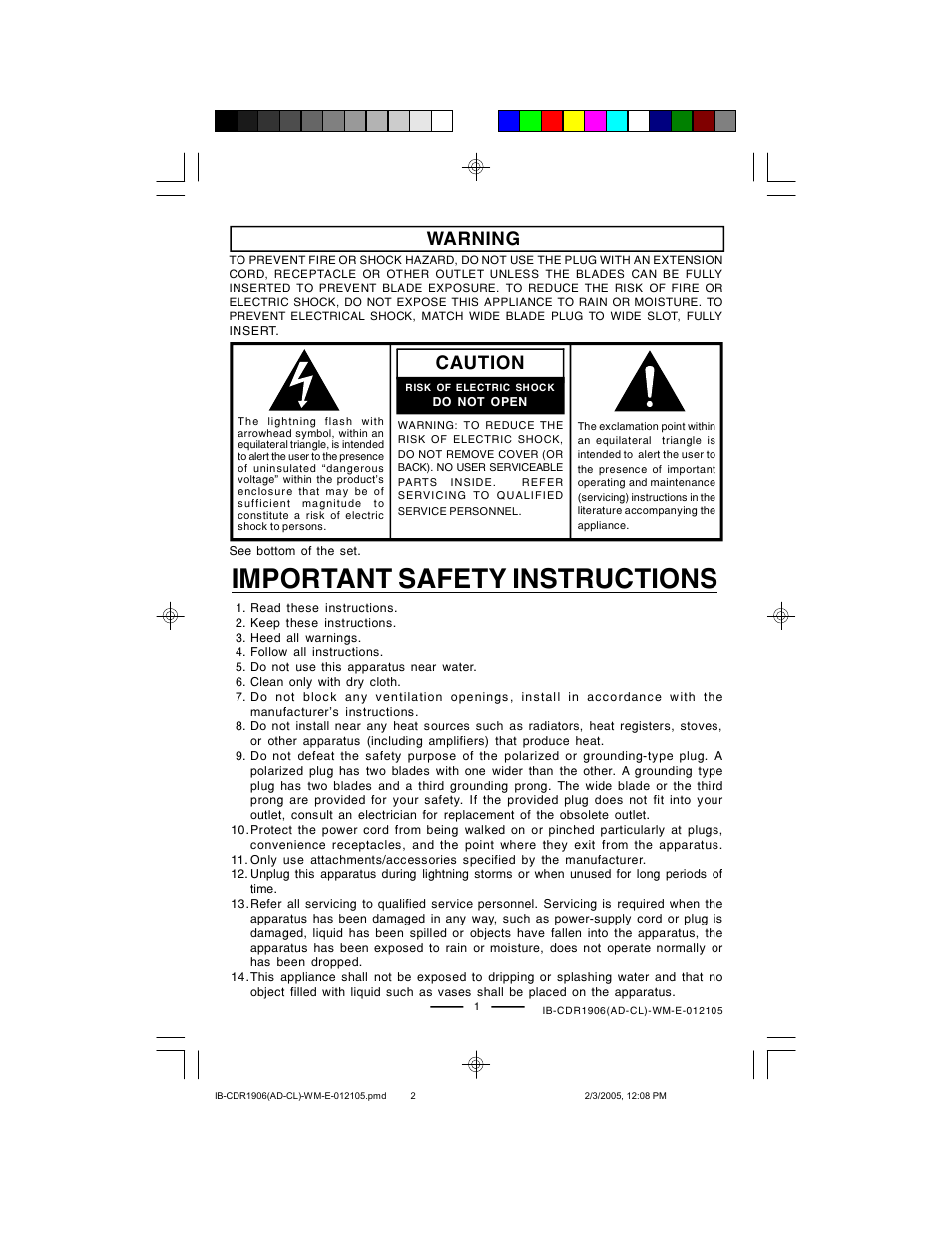 Important safety instructions, Warning, Caution | Lenoxx Electronics CDR1906 User Manual | Page 2 / 17