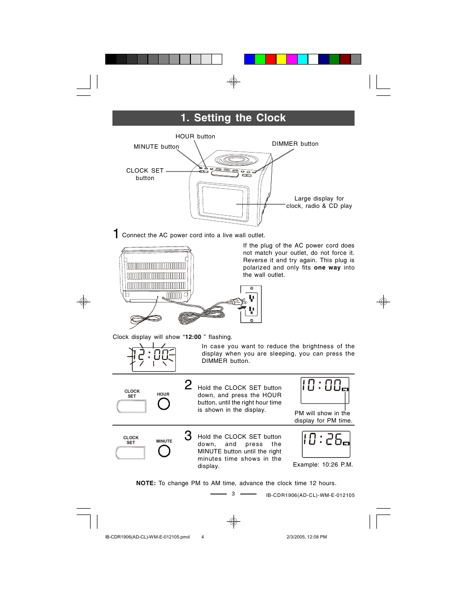 Setting the clock | Lenoxx Electronics CDR1906 User Manual | Page 4 / 17