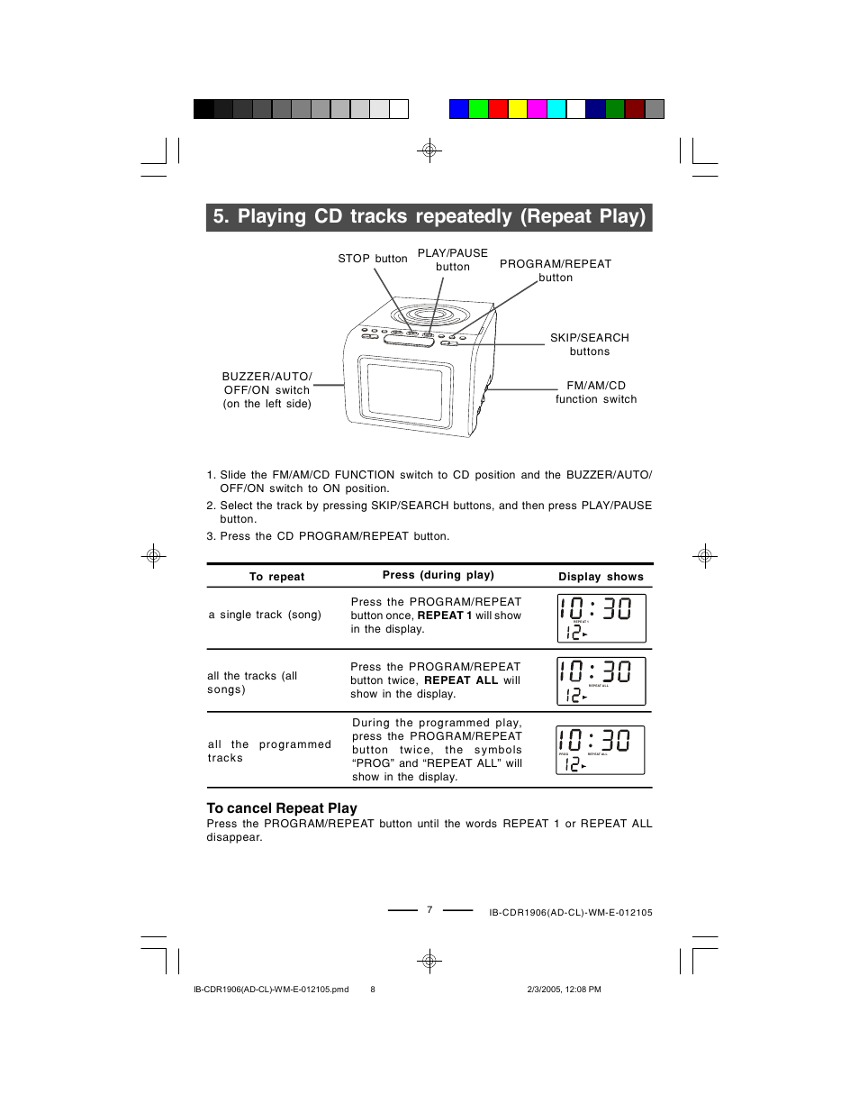 Playing cd tracks repeatedly (repeat play) | Lenoxx Electronics CDR1906 User Manual | Page 8 / 17