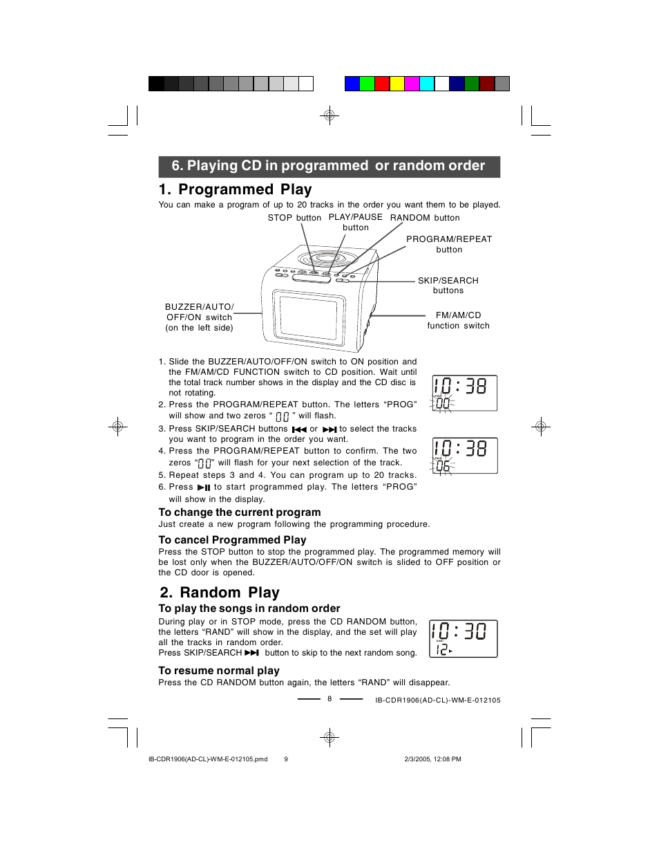 Programmed play, Random play, Playing cd in programmed or random order | Lenoxx Electronics CDR1906 User Manual | Page 9 / 17