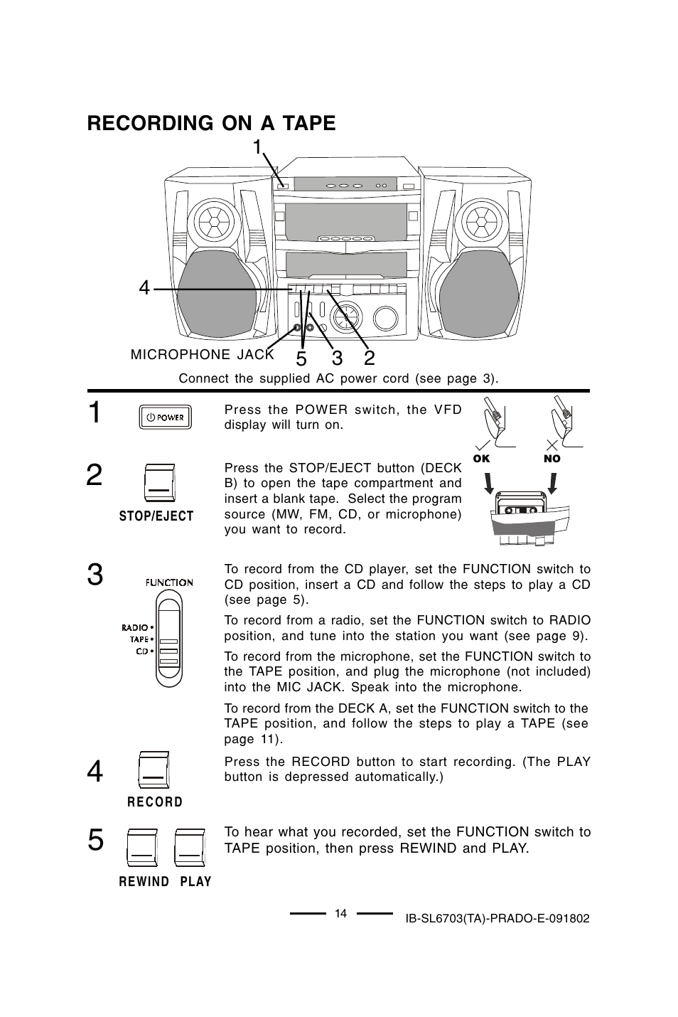 Recording on a tape | Lenoxx Electronics SL-6703 User Manual | Page 15 / 24