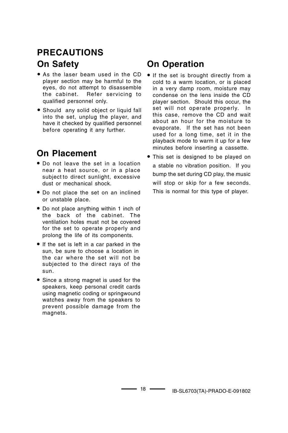 Precautions on safety, On operation, On placement | Lenoxx Electronics SL-6703 User Manual | Page 19 / 24
