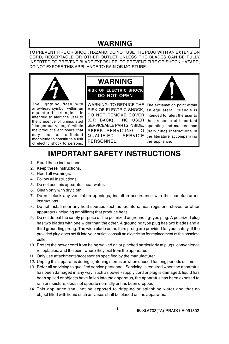 Important safety instructions, Warning | Lenoxx Electronics SL-6703 User Manual | Page 2 / 24