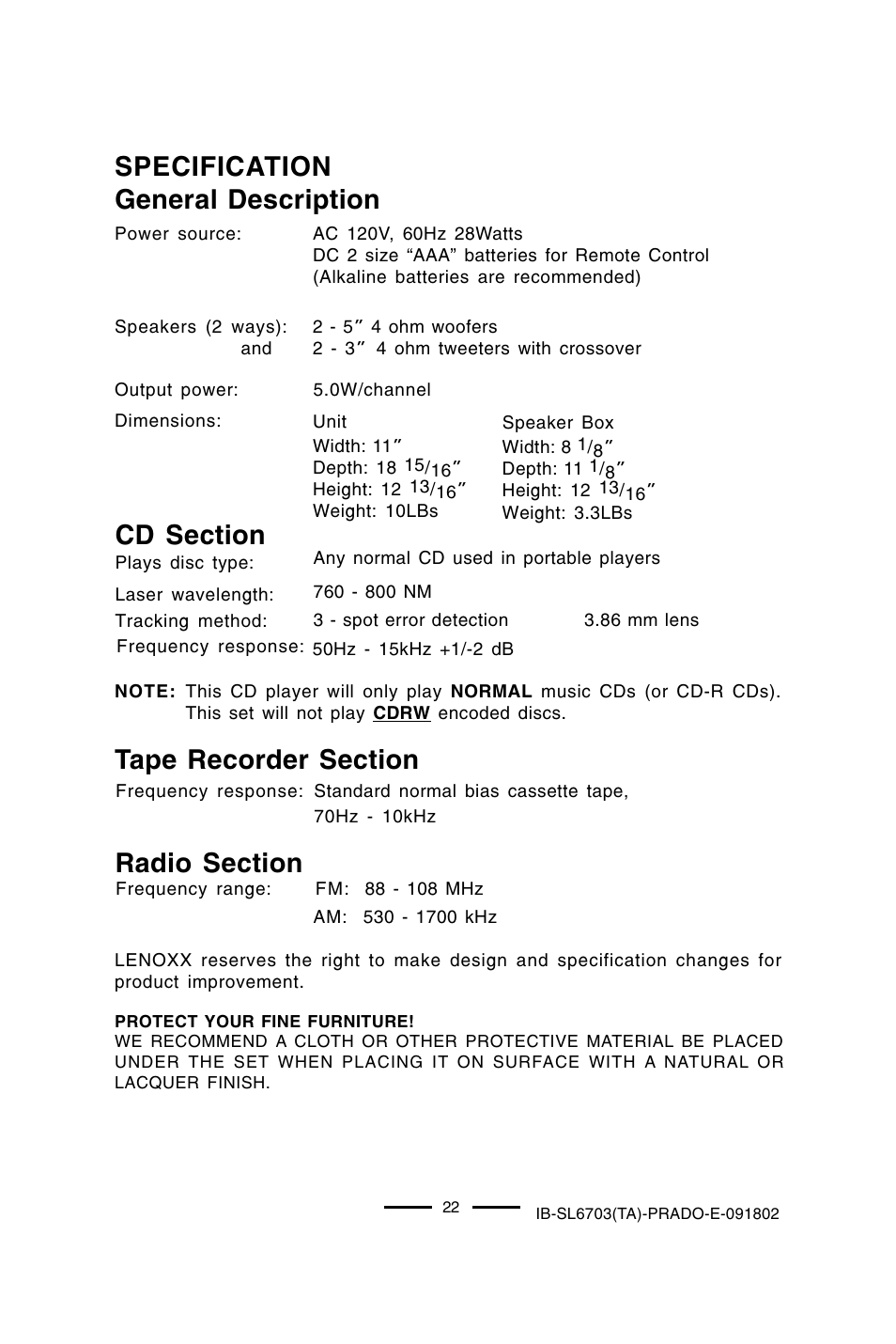 Specification general description | Lenoxx Electronics SL-6703 User Manual | Page 23 / 24