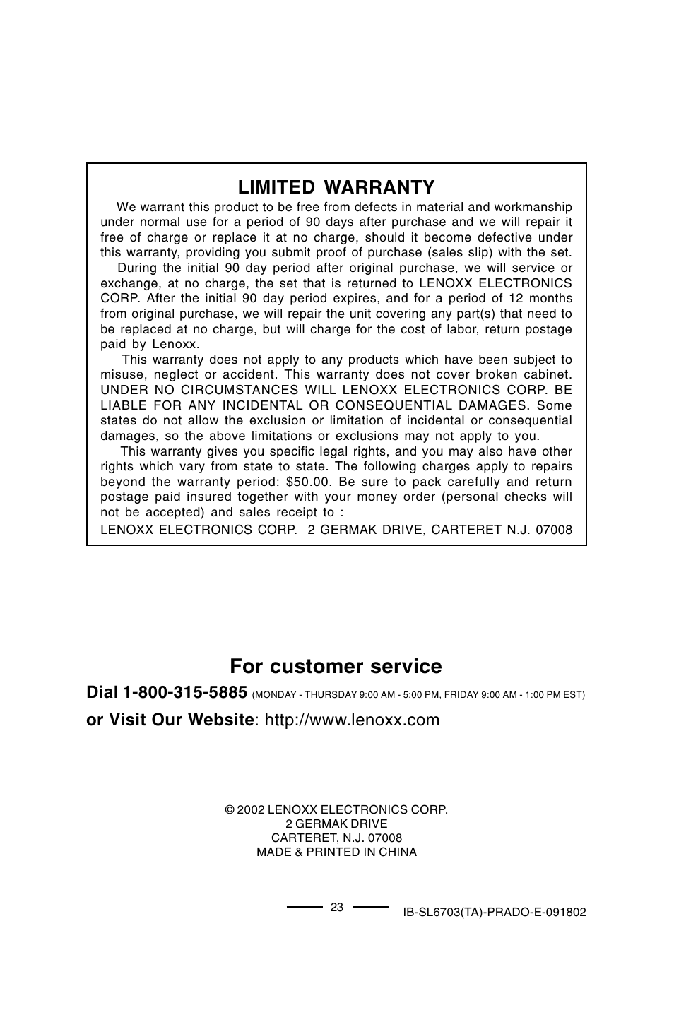 For customer service, Limited warranty | Lenoxx Electronics SL-6703 User Manual | Page 24 / 24