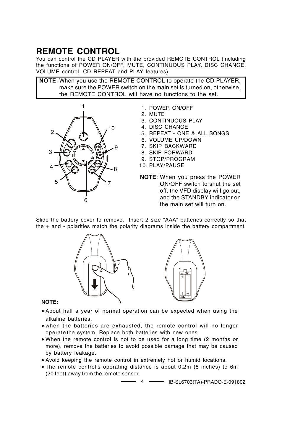 Remote control | Lenoxx Electronics SL-6703 User Manual | Page 5 / 24