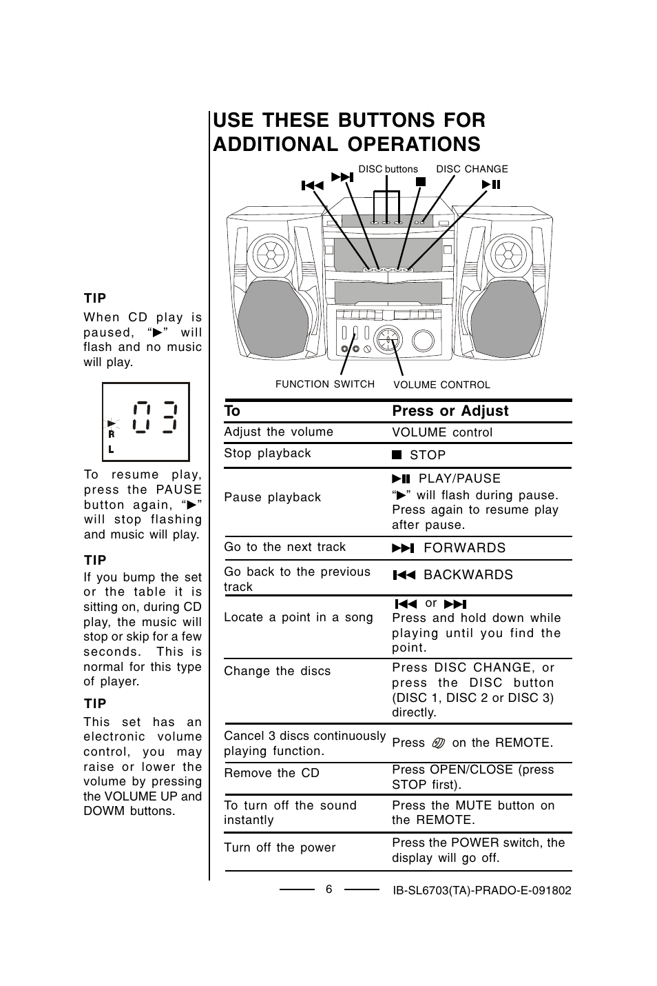 Use these buttons for additional operations | Lenoxx Electronics SL-6703 User Manual | Page 7 / 24
