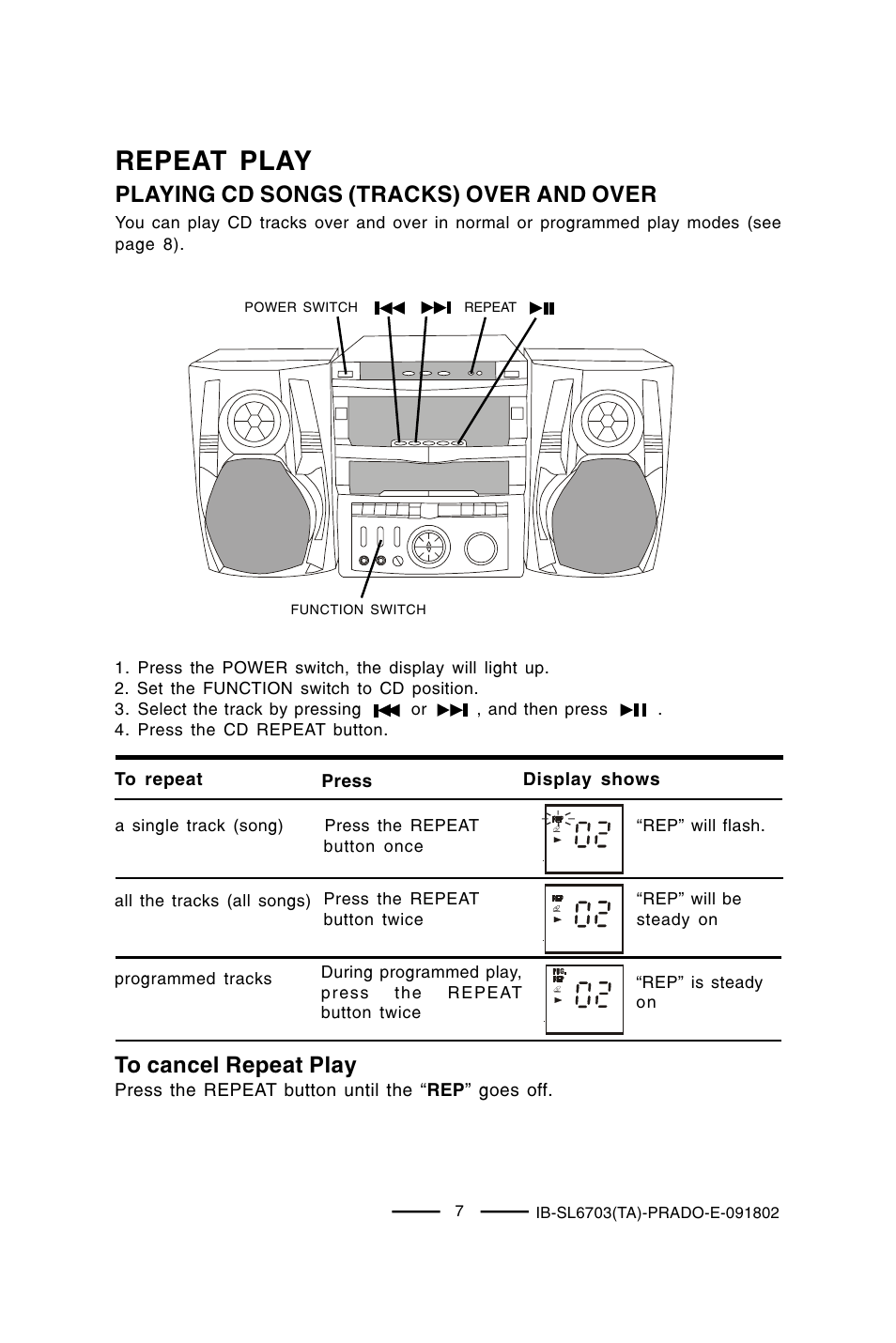 Repeat play, Playing cd songs (tracks) over and over | Lenoxx Electronics SL-6703 User Manual | Page 8 / 24