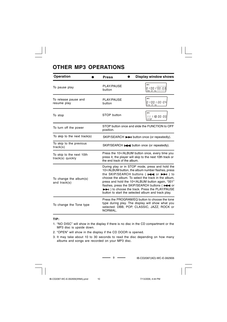 Other mp3 operations | Lenoxx Electronics CD-2087 User Manual | Page 10 / 23
