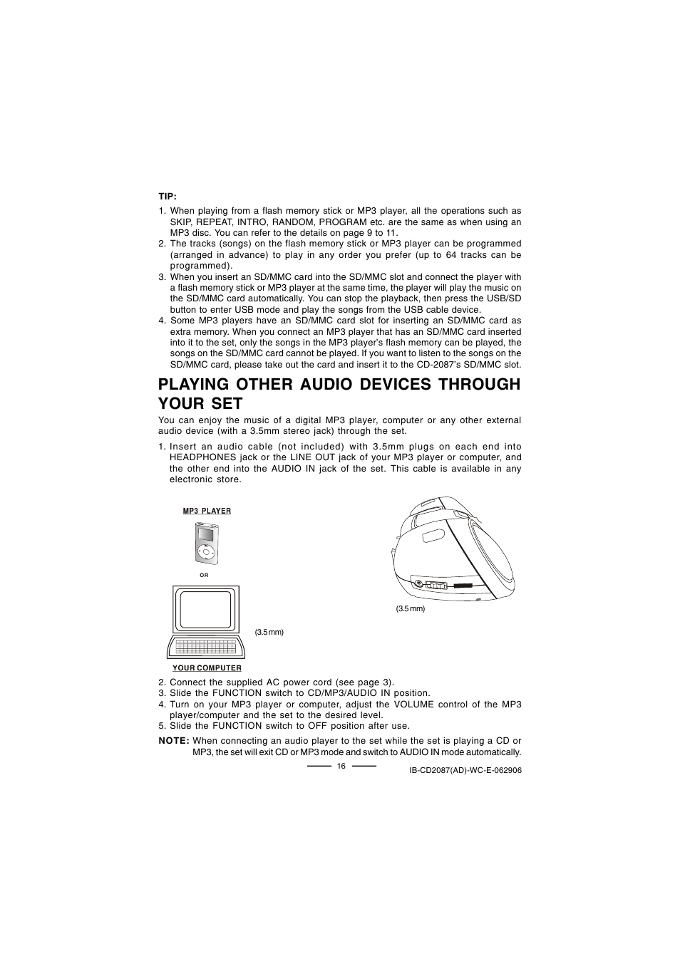 Playing other audio devices through your set | Lenoxx Electronics CD-2087 User Manual | Page 17 / 23