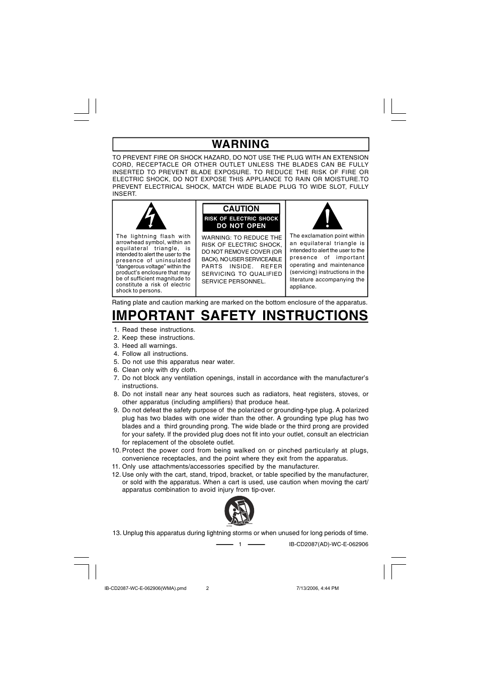 Important safety instructions, Warning, Caution | Lenoxx Electronics CD-2087 User Manual | Page 2 / 23