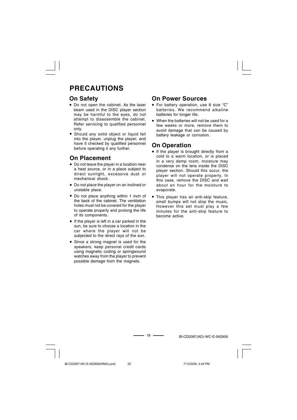 Precautions | Lenoxx Electronics CD-2087 User Manual | Page 20 / 23