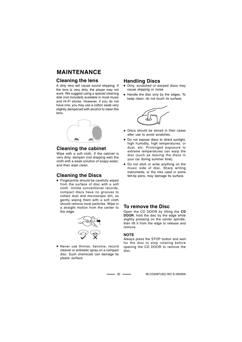 Maintenance, Cleaning the cabinet, Cleaning the lens | Cleaning the discs, Handling discs | Lenoxx Electronics CD-2087 User Manual | Page 21 / 23