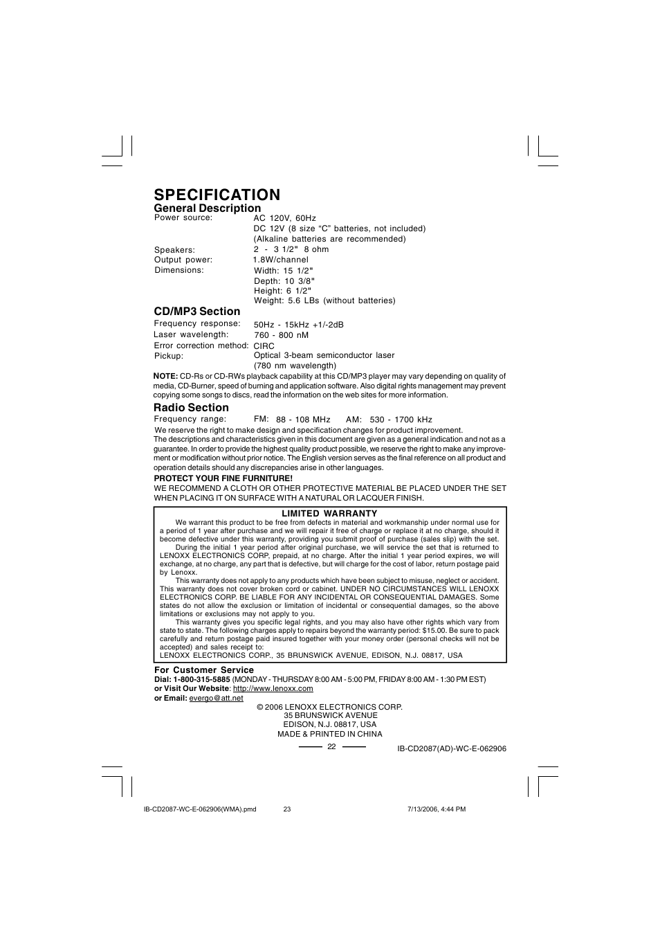 Specification | Lenoxx Electronics CD-2087 User Manual | Page 23 / 23