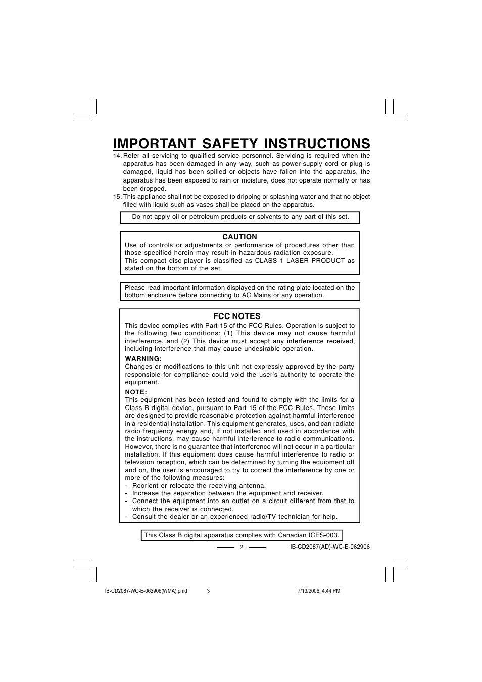 Important safety instructions | Lenoxx Electronics CD-2087 User Manual | Page 3 / 23
