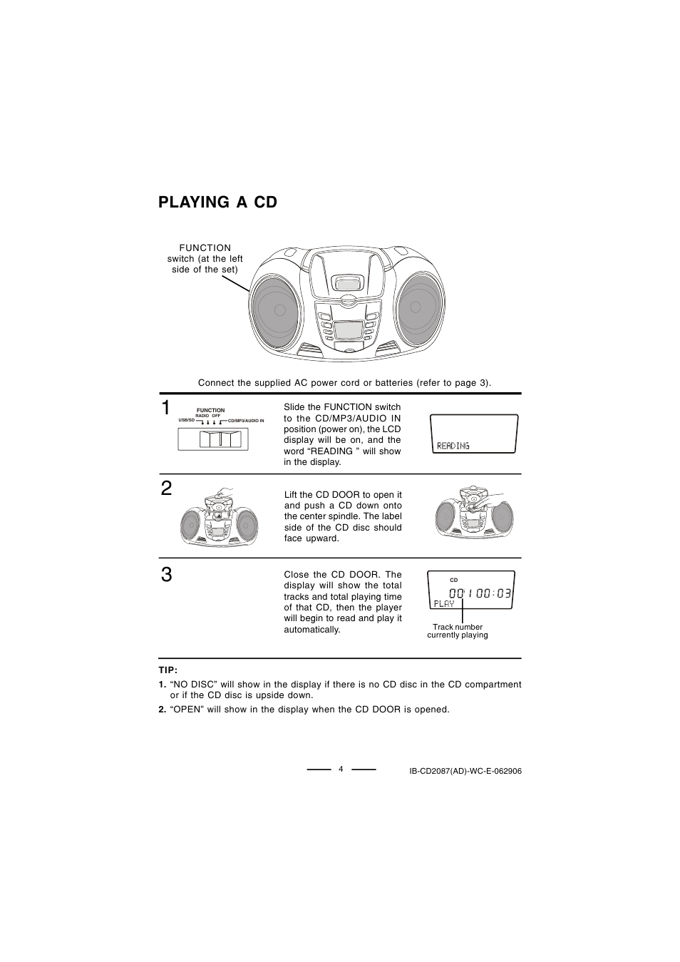 Playing a cd | Lenoxx Electronics CD-2087 User Manual | Page 5 / 23