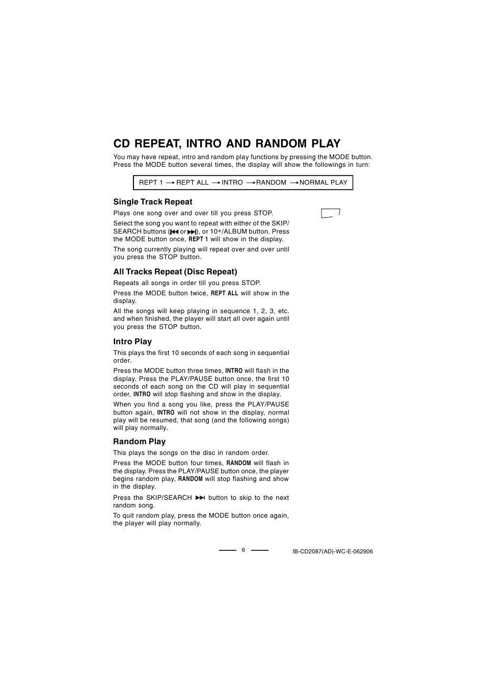 Cd repeat, intro and random play | Lenoxx Electronics CD-2087 User Manual | Page 7 / 23