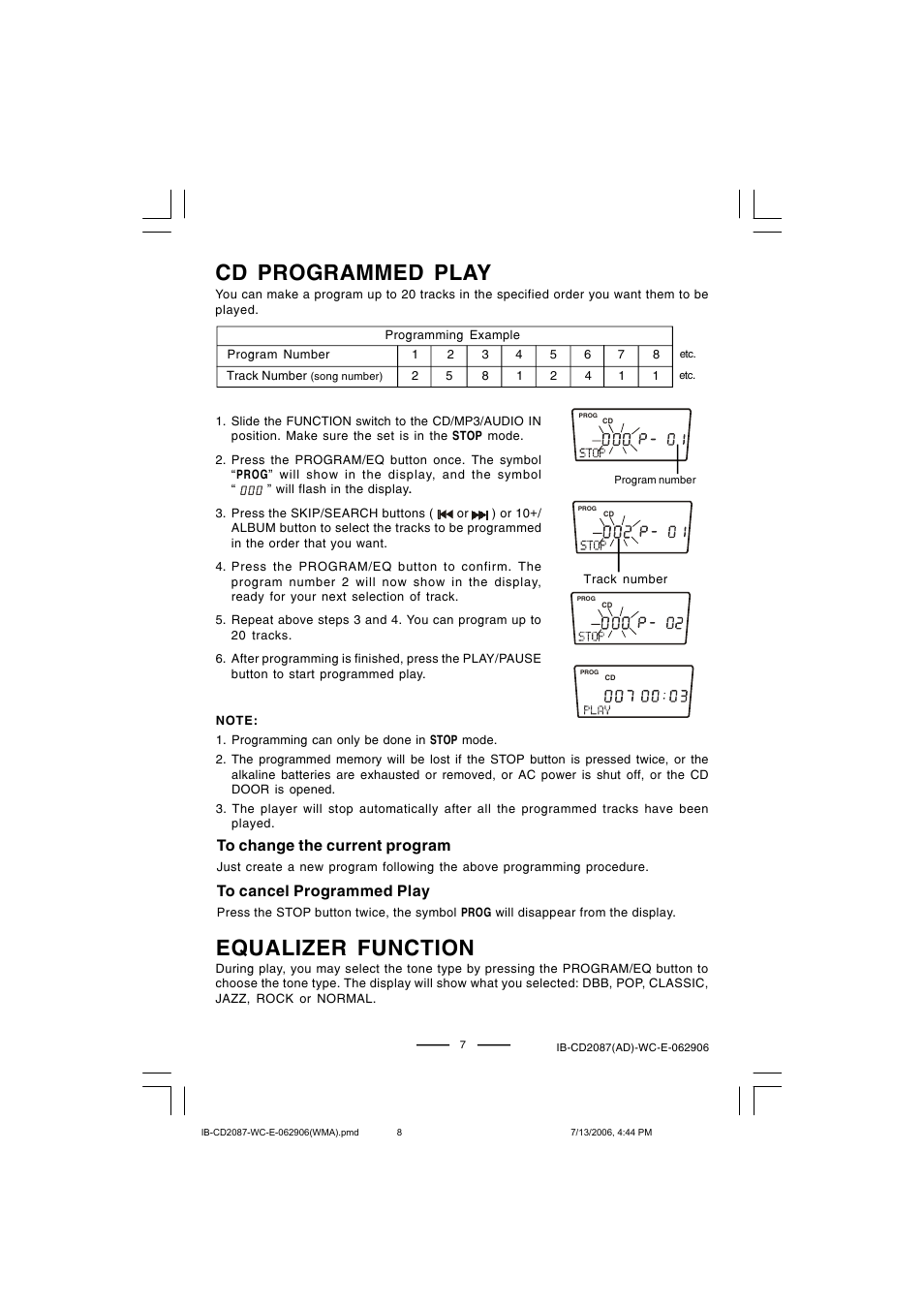 Cd programmed play, Equalizer function | Lenoxx Electronics CD-2087 User Manual | Page 8 / 23
