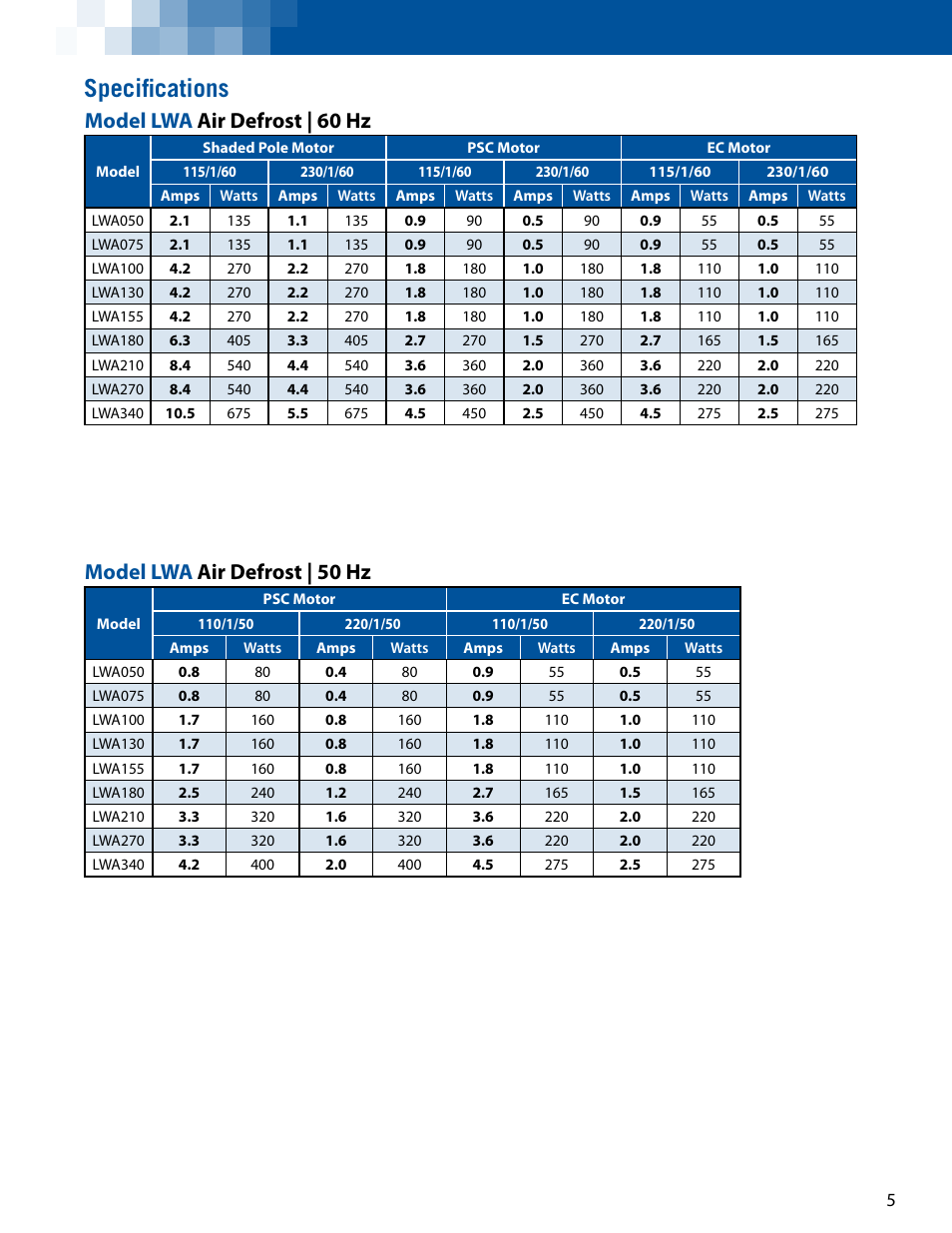 Specifications, Model lwa air defrost | 60 hz, Model lwa air defrost | 50 hz | Lance-Larkin LK-LVTB User Manual | Page 5 / 12