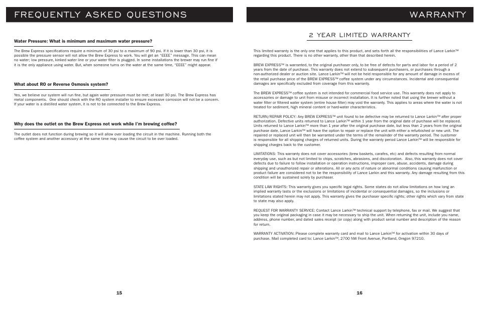 Frequently asked questions warranty, 2 year limited warranty | Lance-Larkin BE-112 User Manual | Page 10 / 11