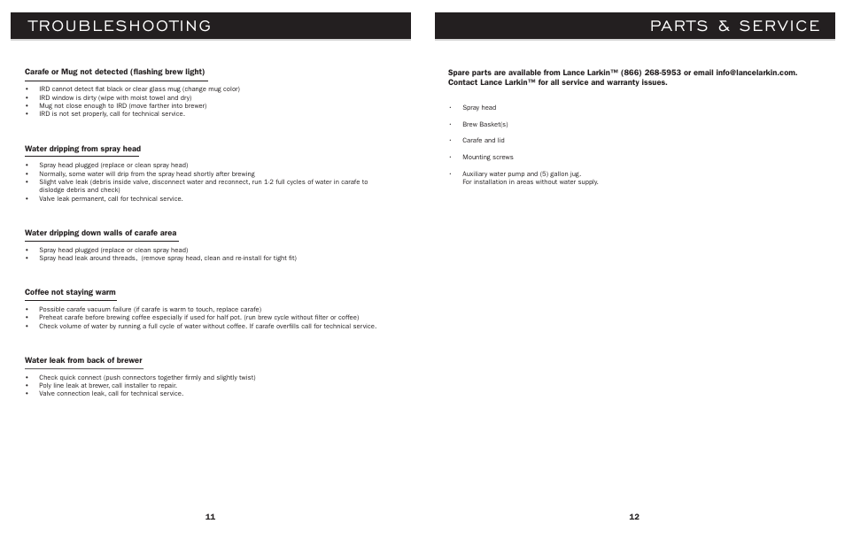 Troubleshooting parts & service | Lance-Larkin BE-112 User Manual | Page 8 / 11