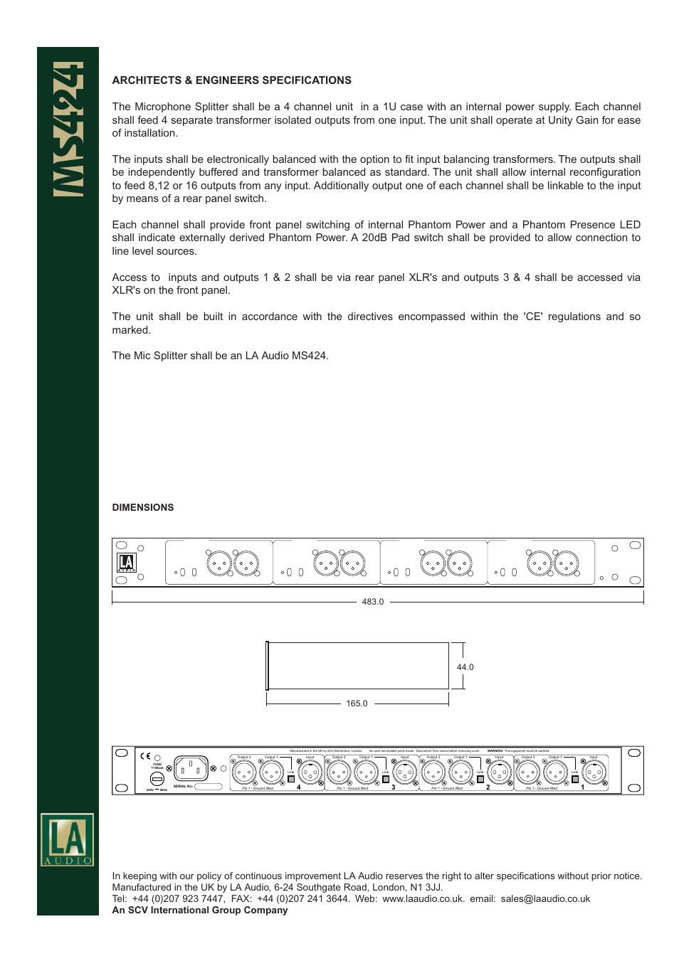 4 channel 1:4 acti v e mic splitter, British originals, Dimensions | LA Audio Electronic MS424 User Manual | Page 2 / 2