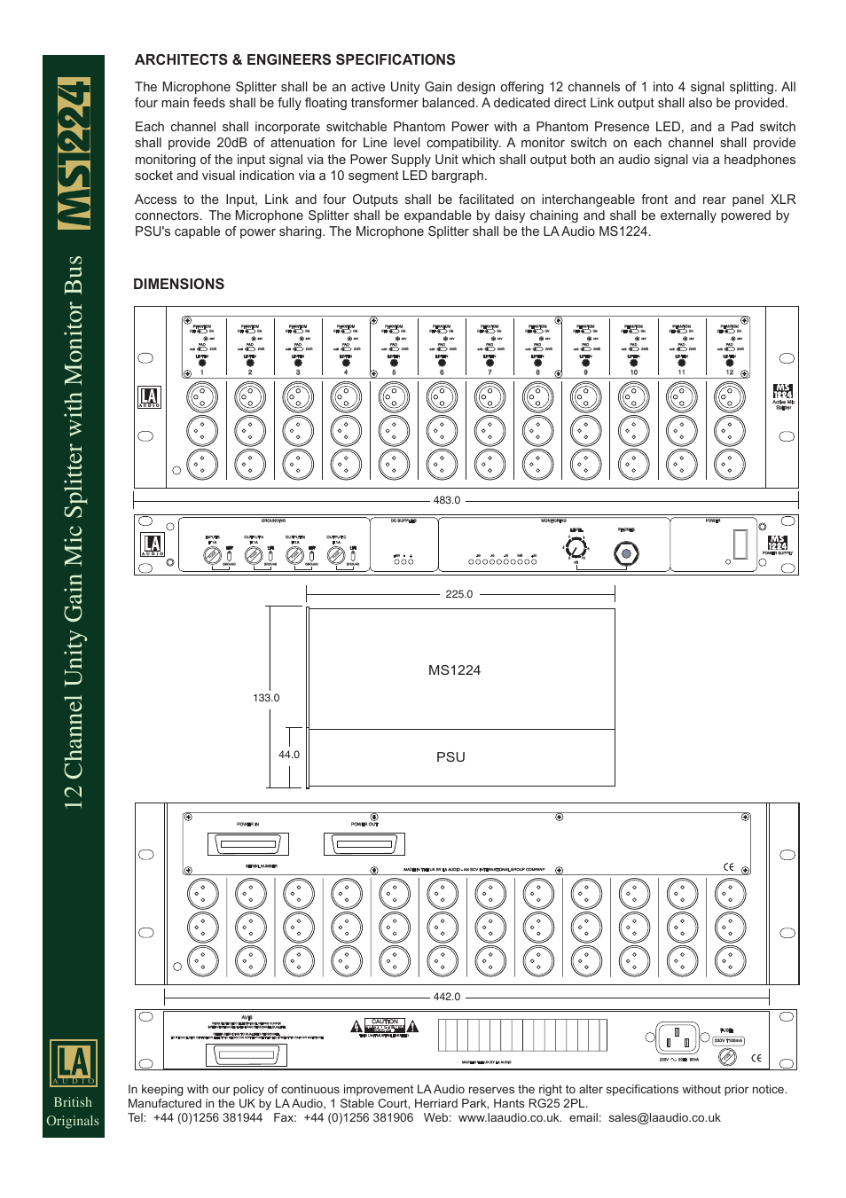 British originals, Dimensions architects & engineers specifications | LA Audio Electronic MS1224 User Manual | Page 3 / 3