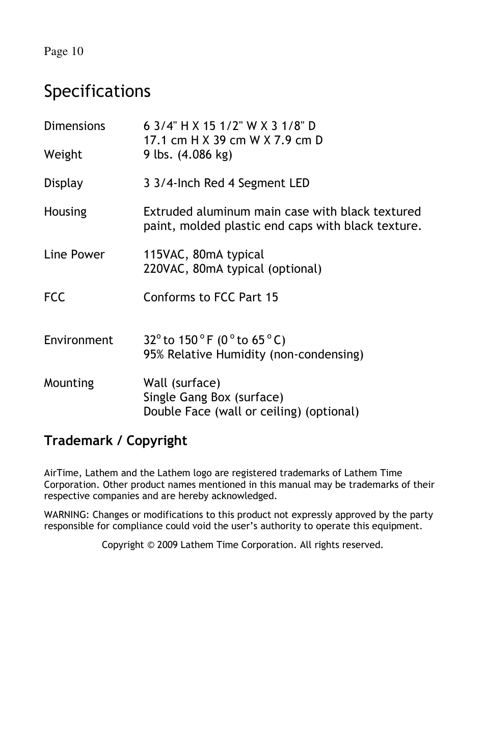 Specifications, Trademark / copyright | Lathem Airtime AT-DDC4 User Manual | Page 12 / 13