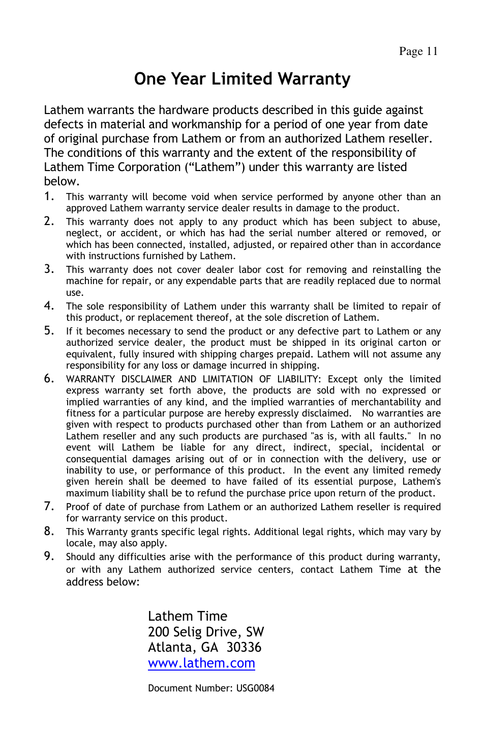 One year limited warranty | Lathem Airtime AT-DDC4 User Manual | Page 13 / 13