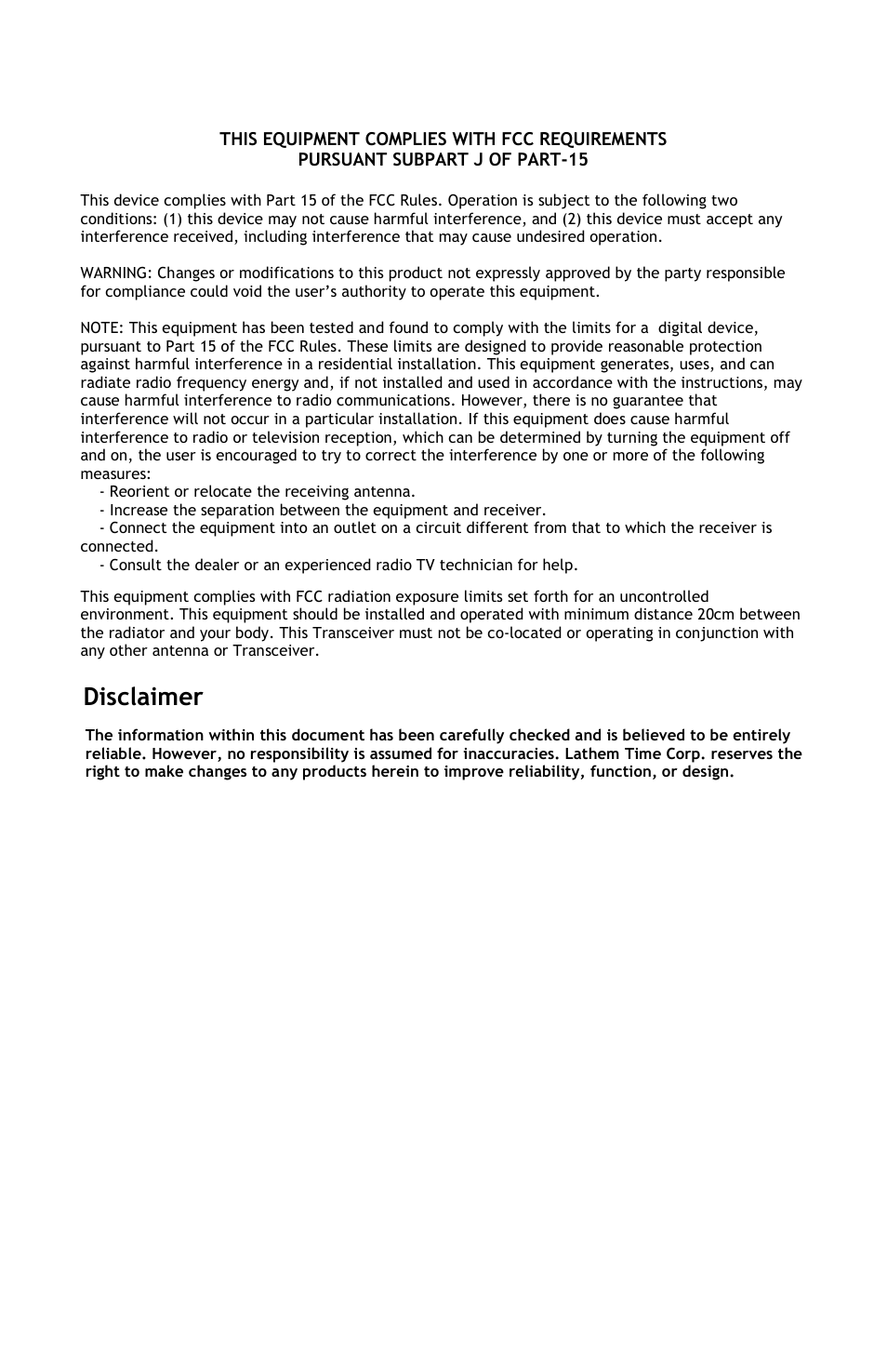 Disclaimer | Lathem Airtime AT-DDC4 User Manual | Page 2 / 13