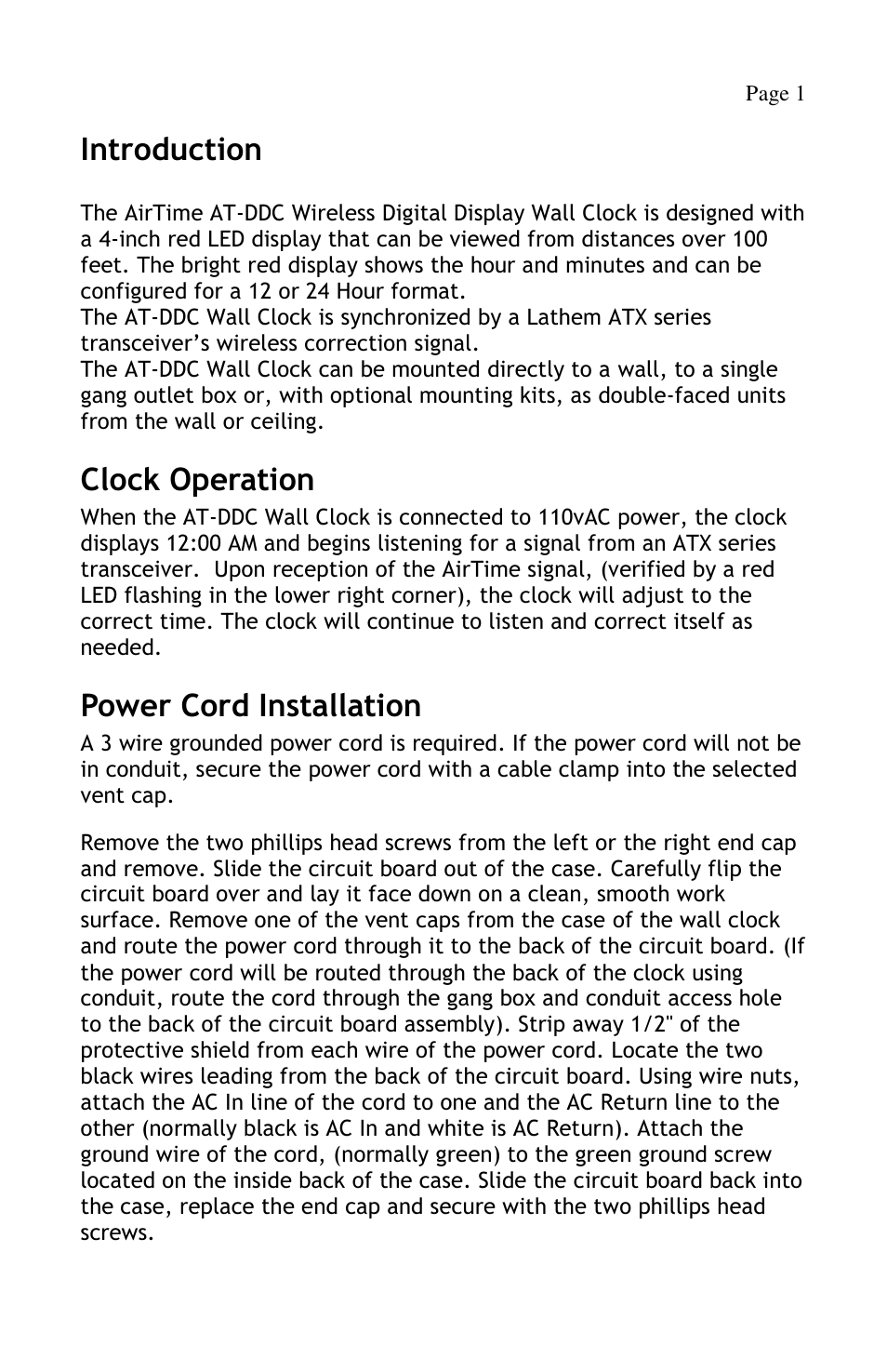 Introduction, Clock operation, Power cord installation | Lathem Airtime AT-DDC4 User Manual | Page 3 / 13