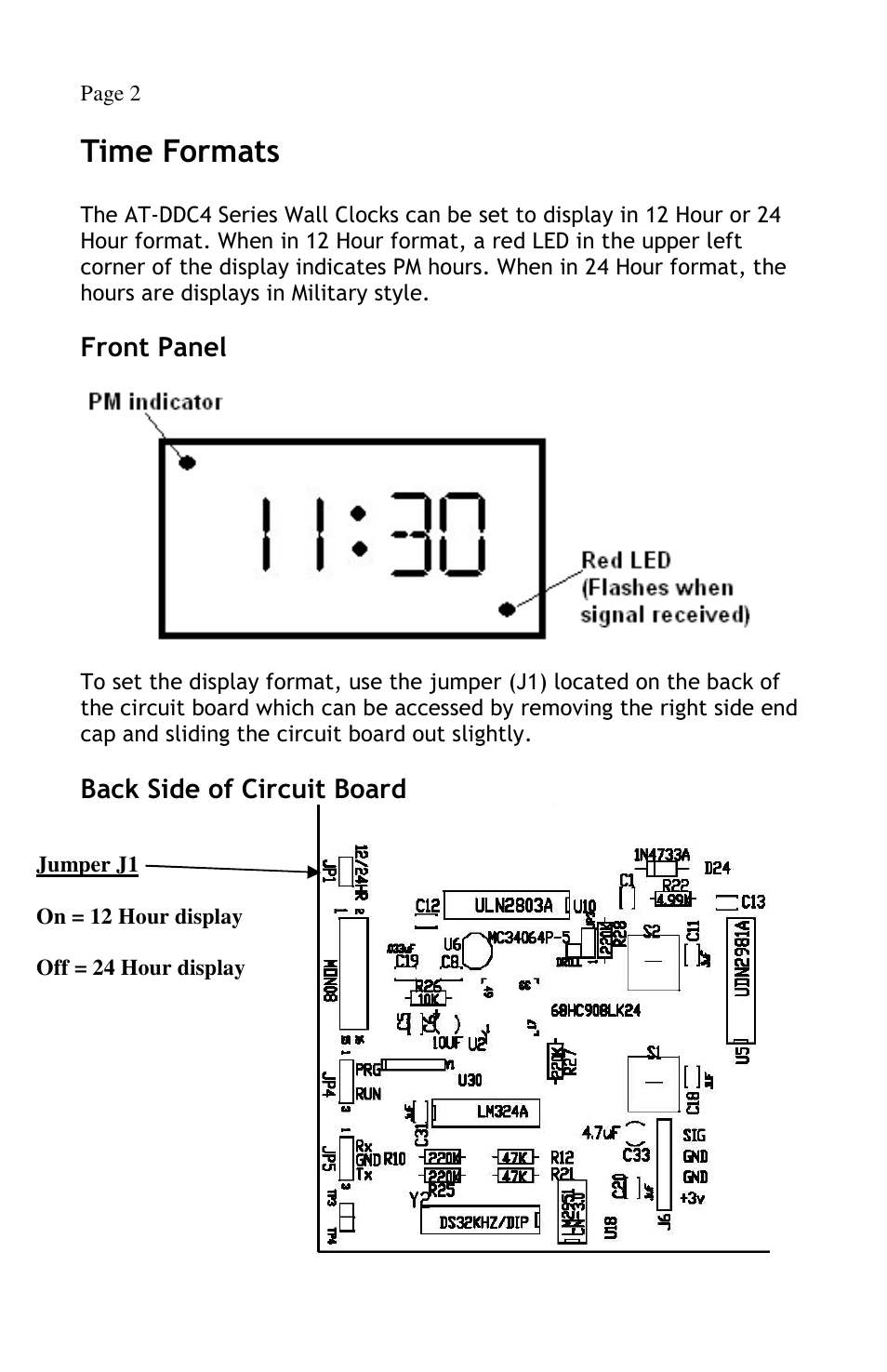 Time formats, Front panel, Back side of circuit board | Lathem Airtime AT-DDC4 User Manual | Page 4 / 13