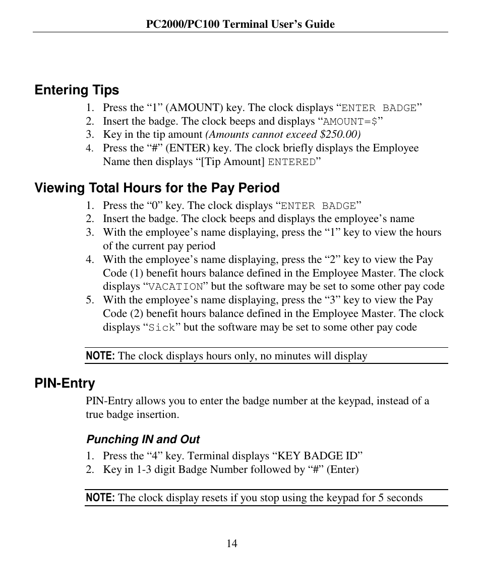 Entering tips, Viewing total hours for the pay period, Pin-entry | Lathem PC2000 User Manual | Page 22 / 34