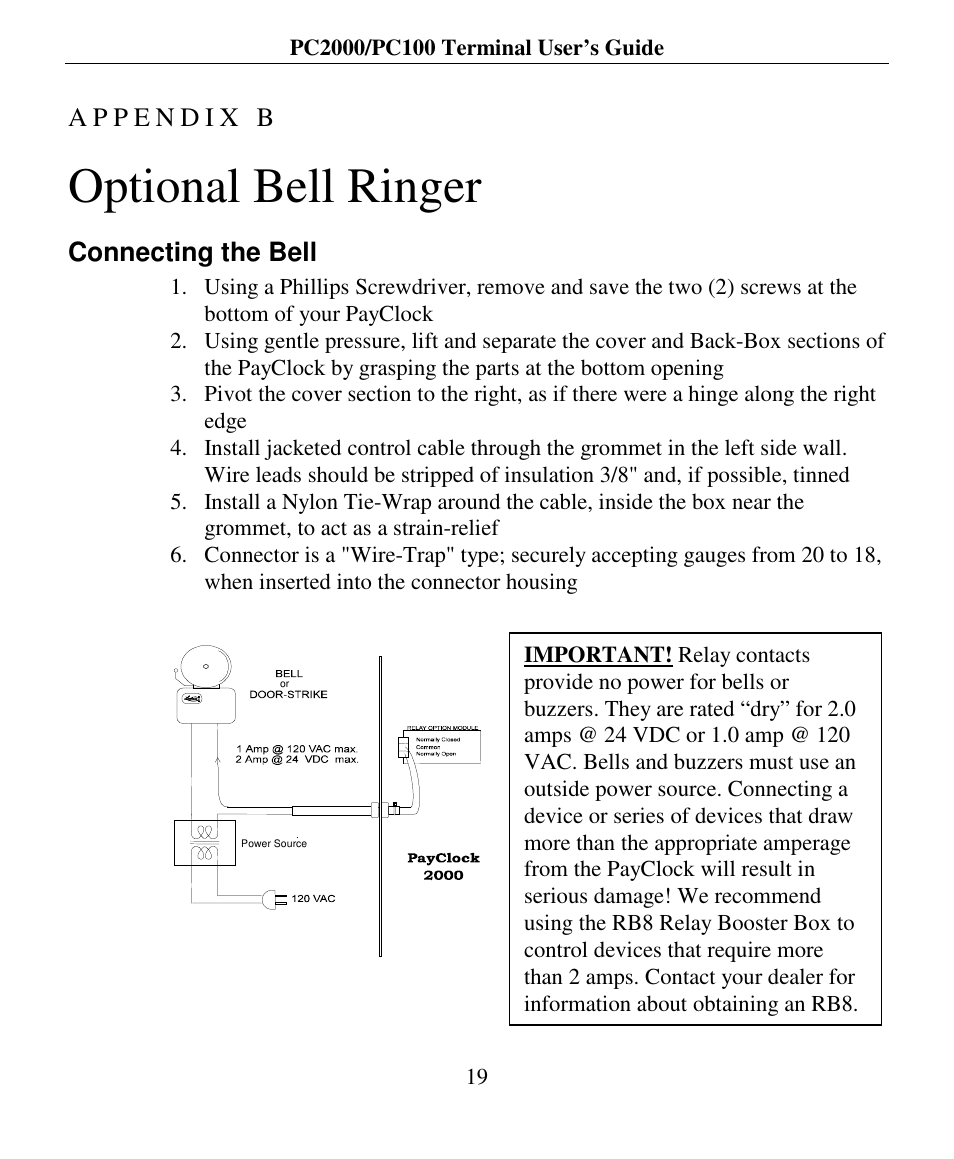 Optional bell ringer, Connecting the bell | Lathem PC2000 User Manual | Page 27 / 34