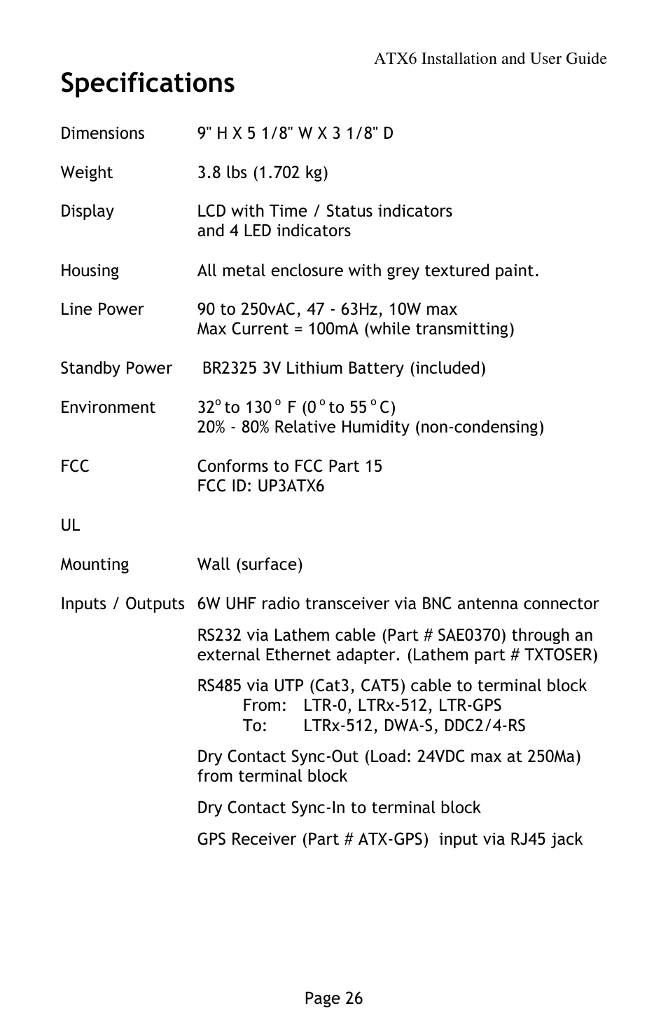 Specifications | Lathem AirTime ATX6 User Manual | Page 30 / 31