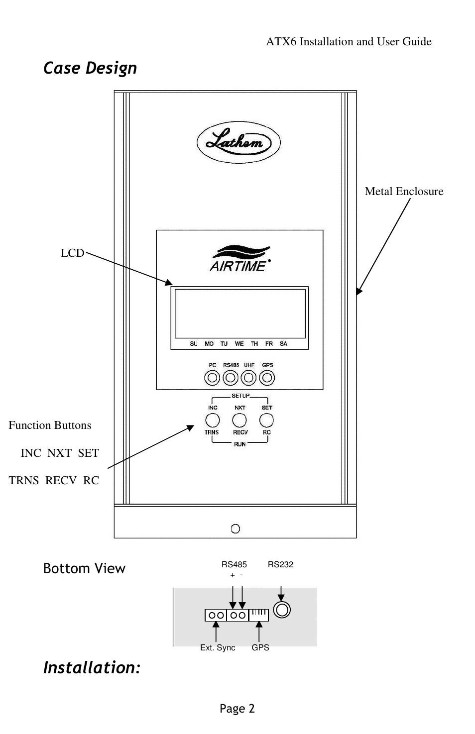 Case design, Installation, Bottom view | Lathem AirTime ATX6 User Manual | Page 6 / 31