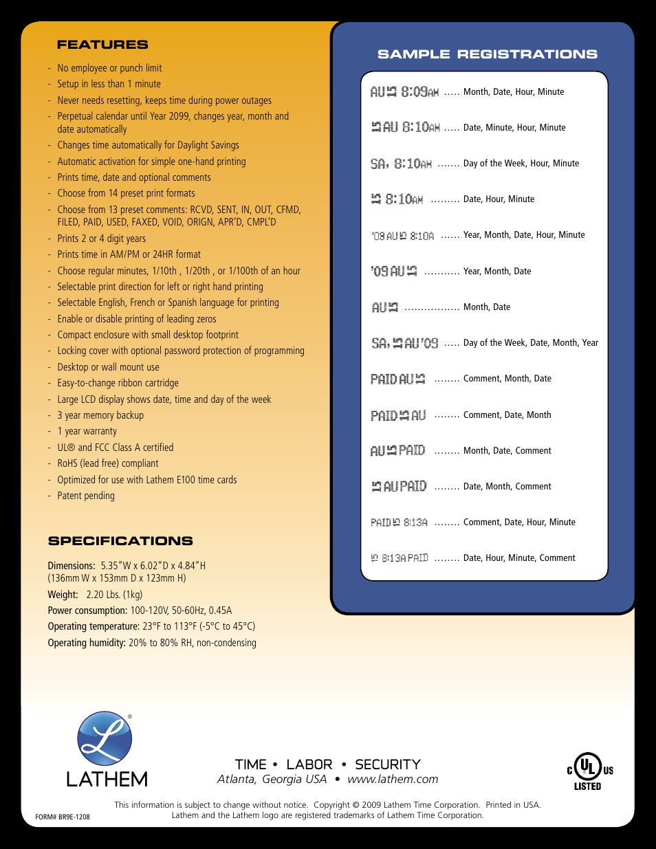 Lathem, Time • labor • security | Lathem 900E User Manual | Page 2 / 2