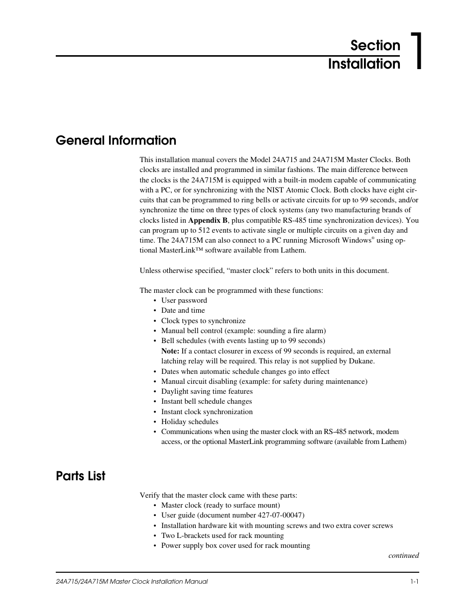 General information, Parts list | Lathem Dukane 24A715 User Manual | Page 15 / 86