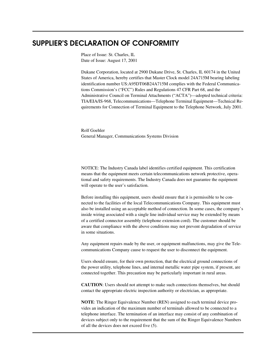 Supplier’s declaration of conformity | Lathem Dukane 24A715 User Manual | Page 5 / 86