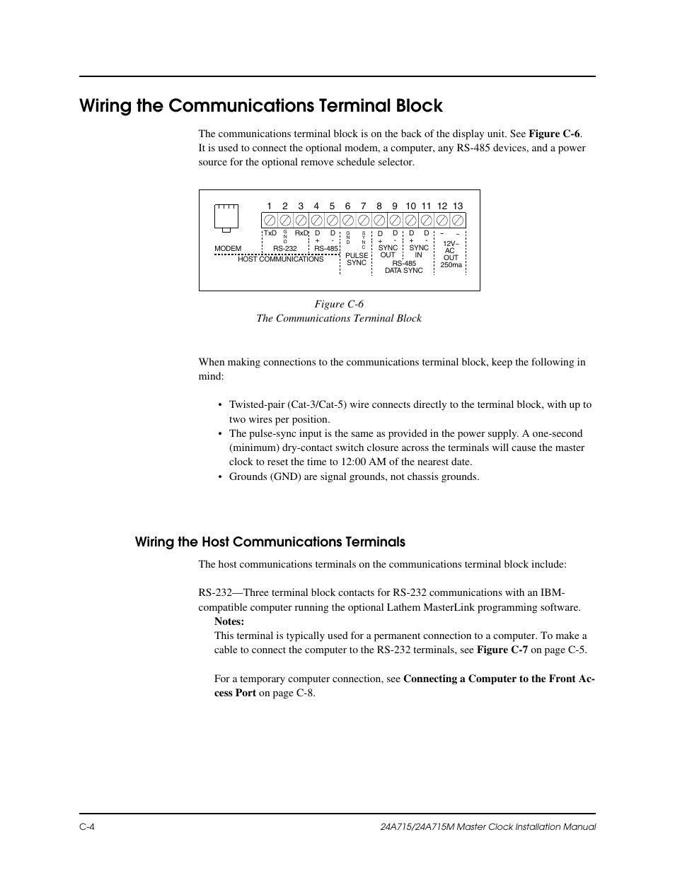 Wiring the communications terminal block, Wiring the host communications terminals | Lathem Dukane 24A715 User Manual | Page 78 / 86