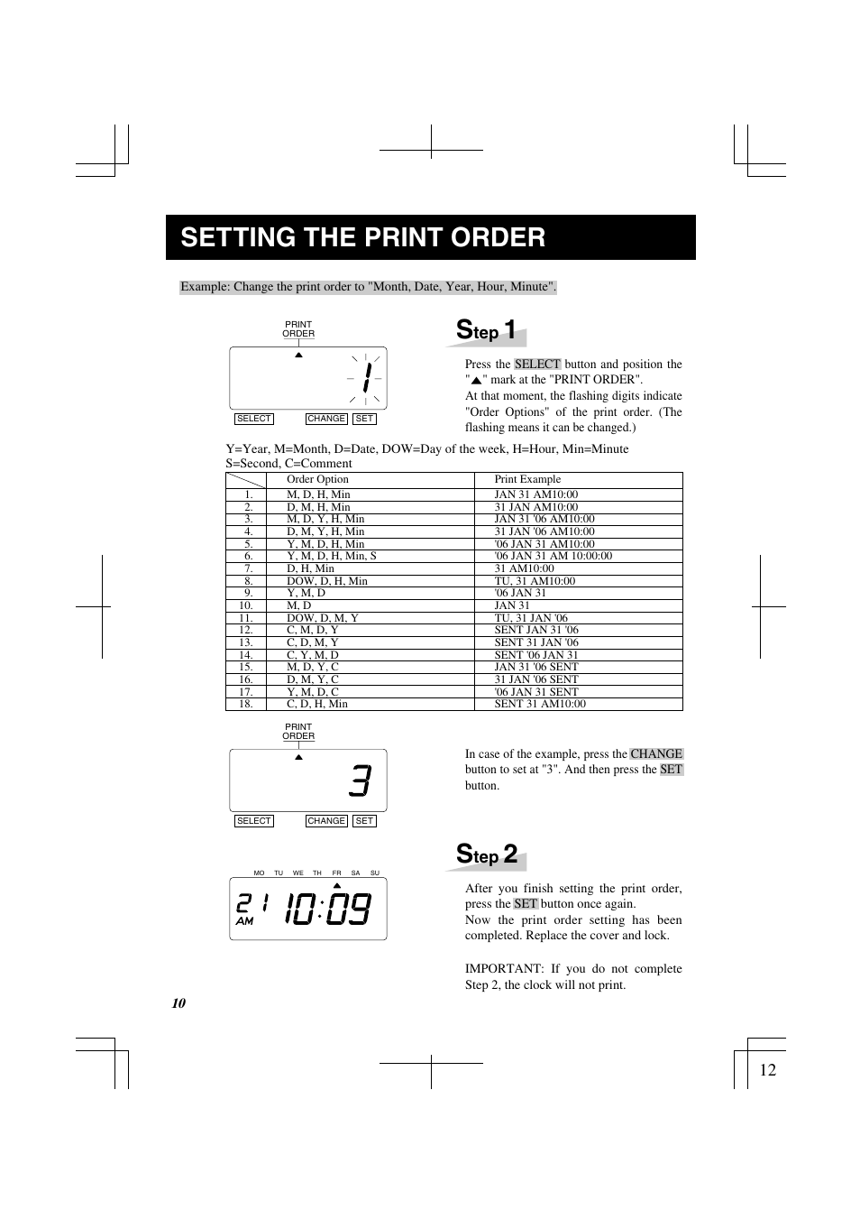 Setting the print order | Lathem 1500E User Manual | Page 12 / 36