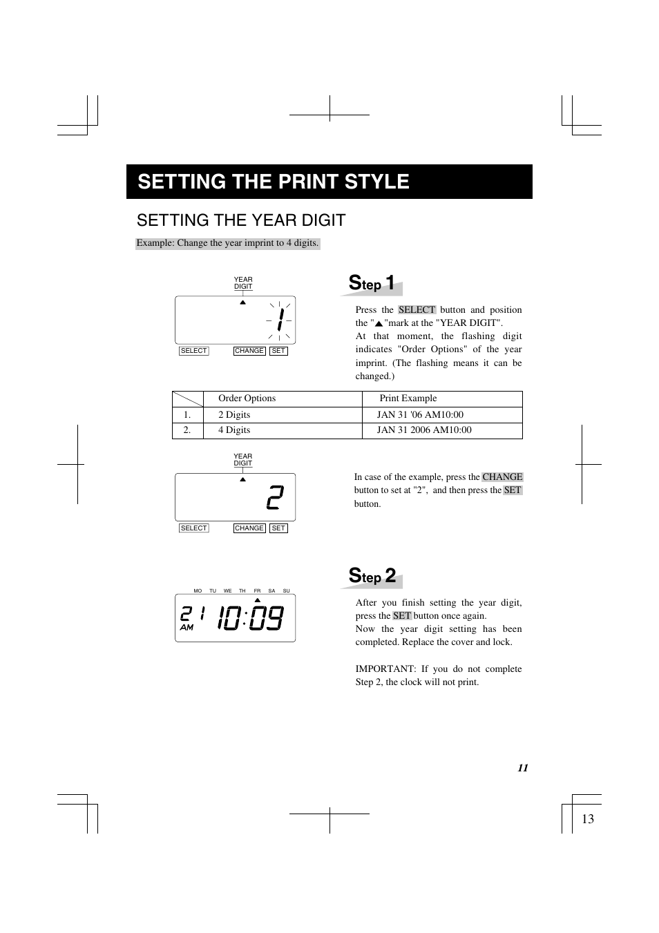 Setting the print style, Setting the year digit | Lathem 1500E User Manual | Page 13 / 36