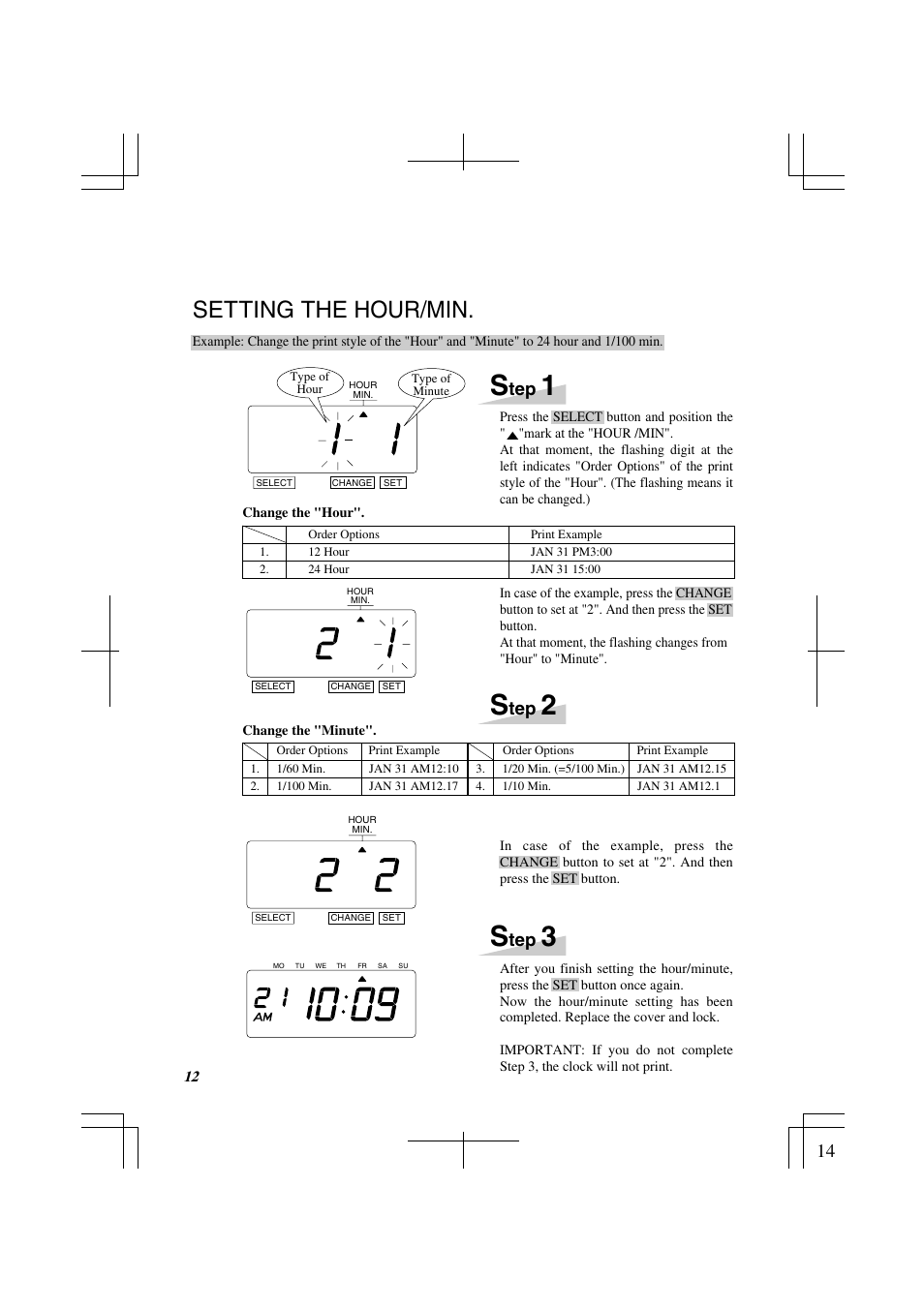 Setting the hour/min | Lathem 1500E User Manual | Page 14 / 36