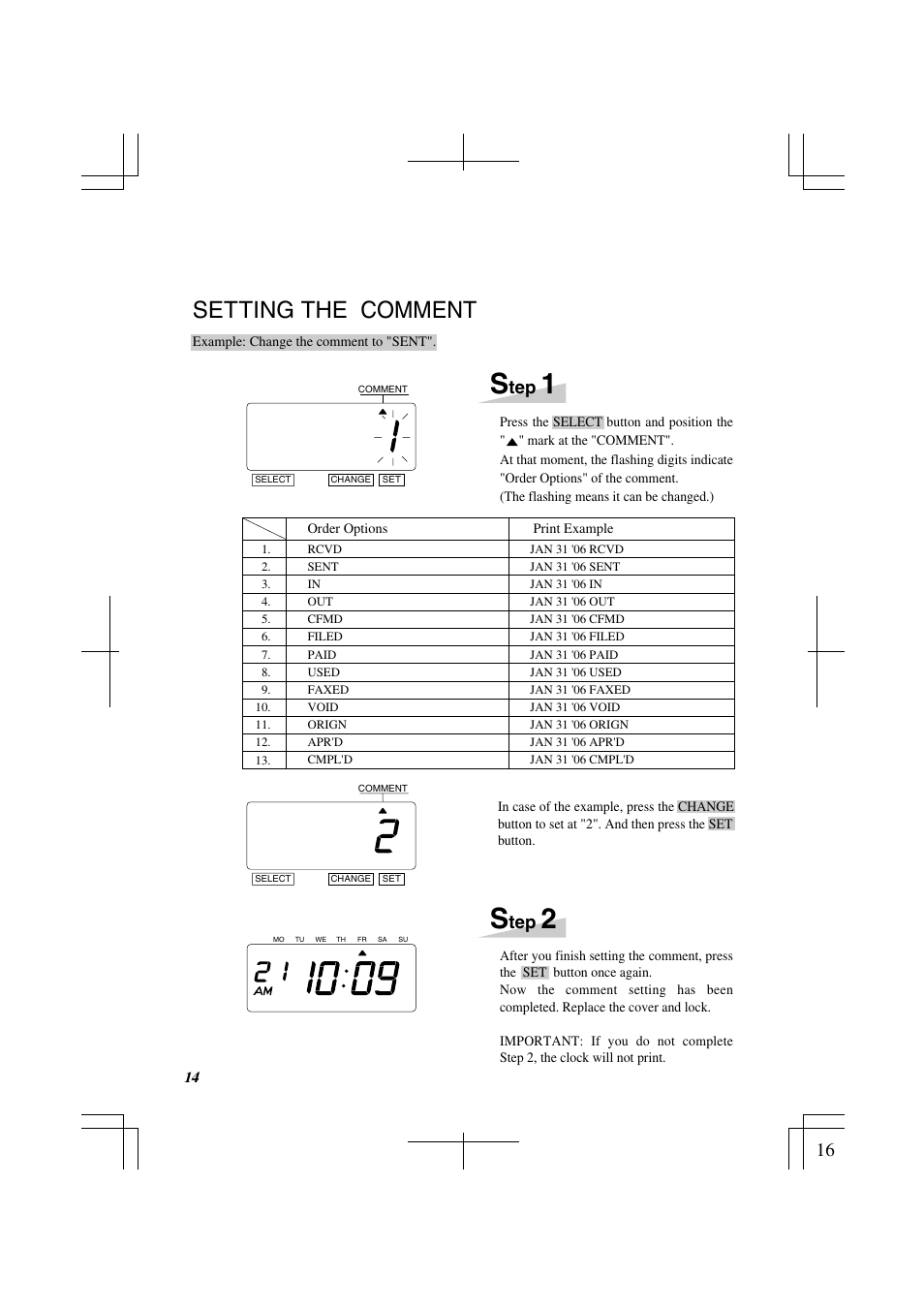 Setting the comment | Lathem 1500E User Manual | Page 16 / 36