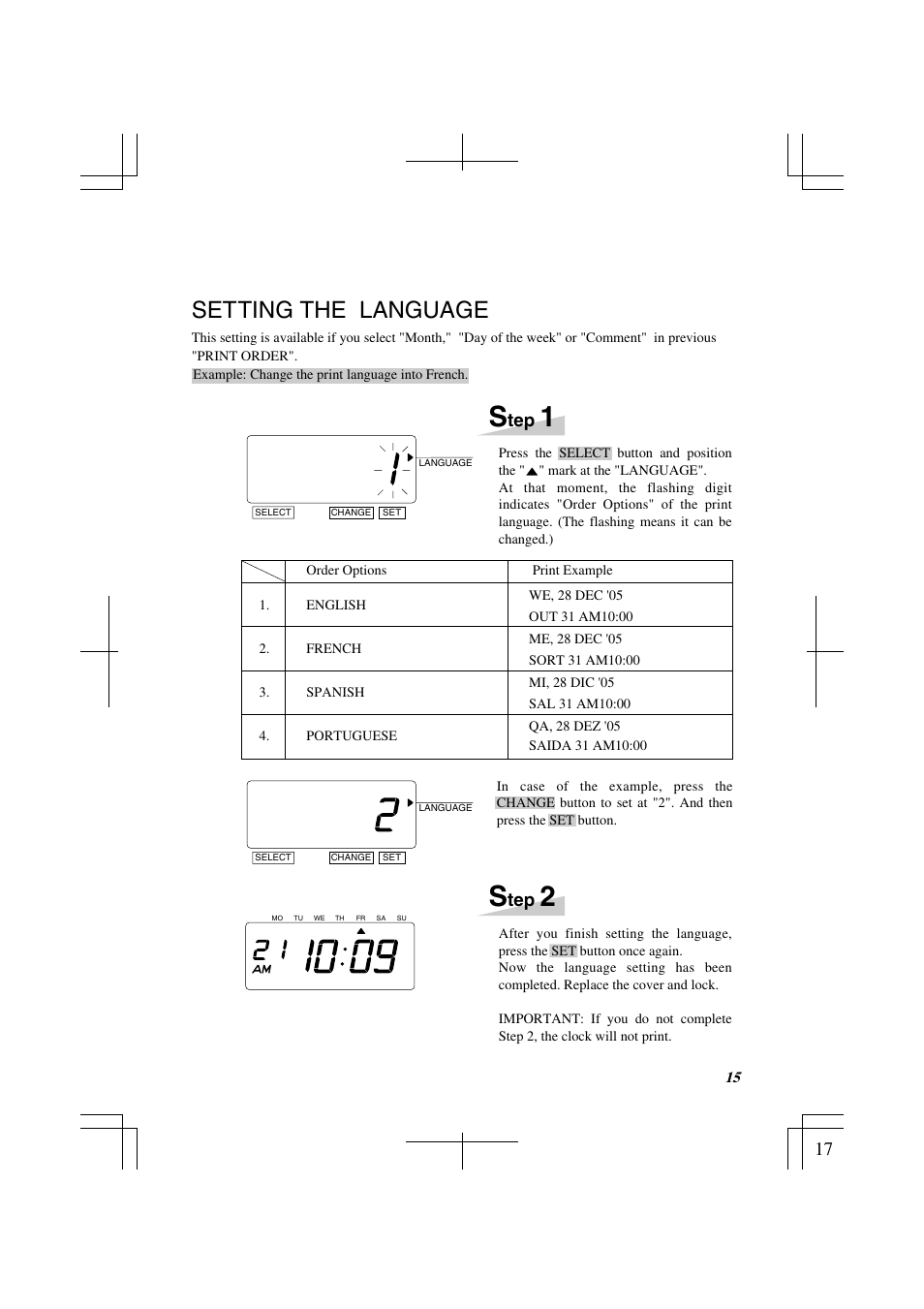 Setting the language | Lathem 1500E User Manual | Page 17 / 36