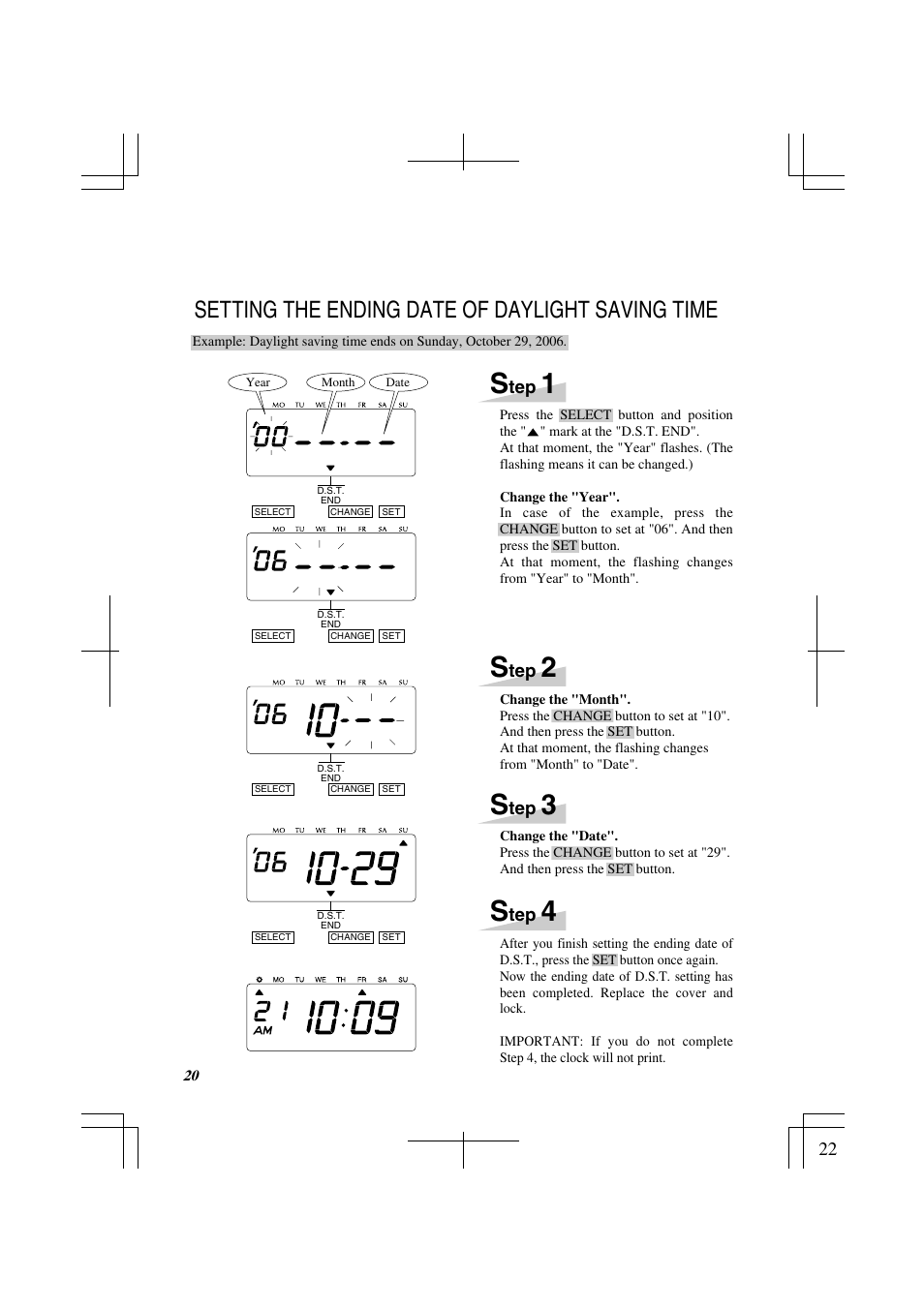 Setting the ending date of daylight saving time | Lathem 1500E User Manual | Page 22 / 36