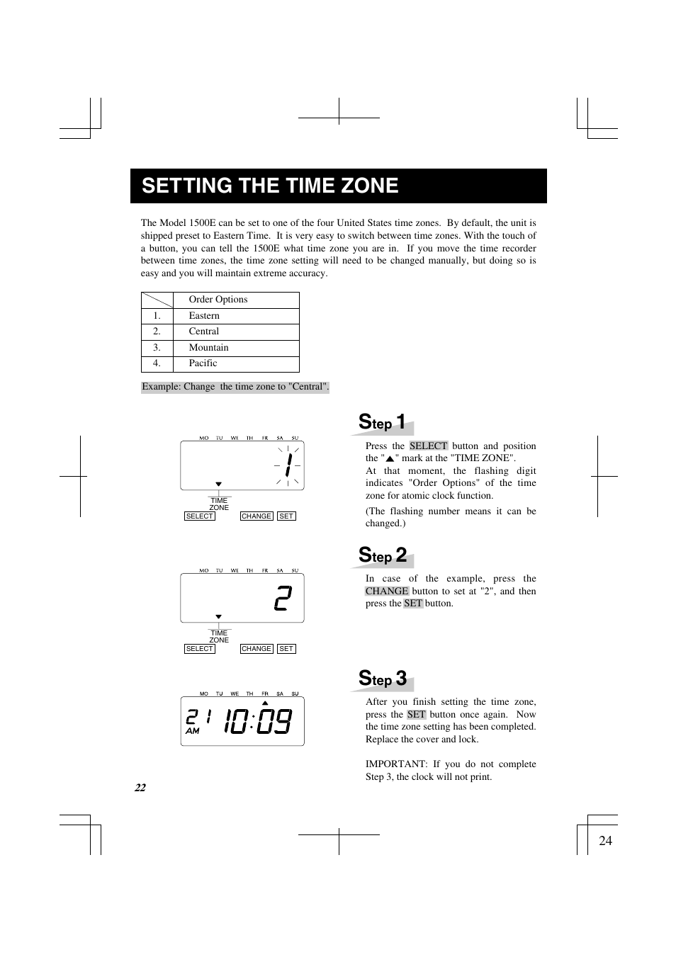 Setting the time zone | Lathem 1500E User Manual | Page 24 / 36