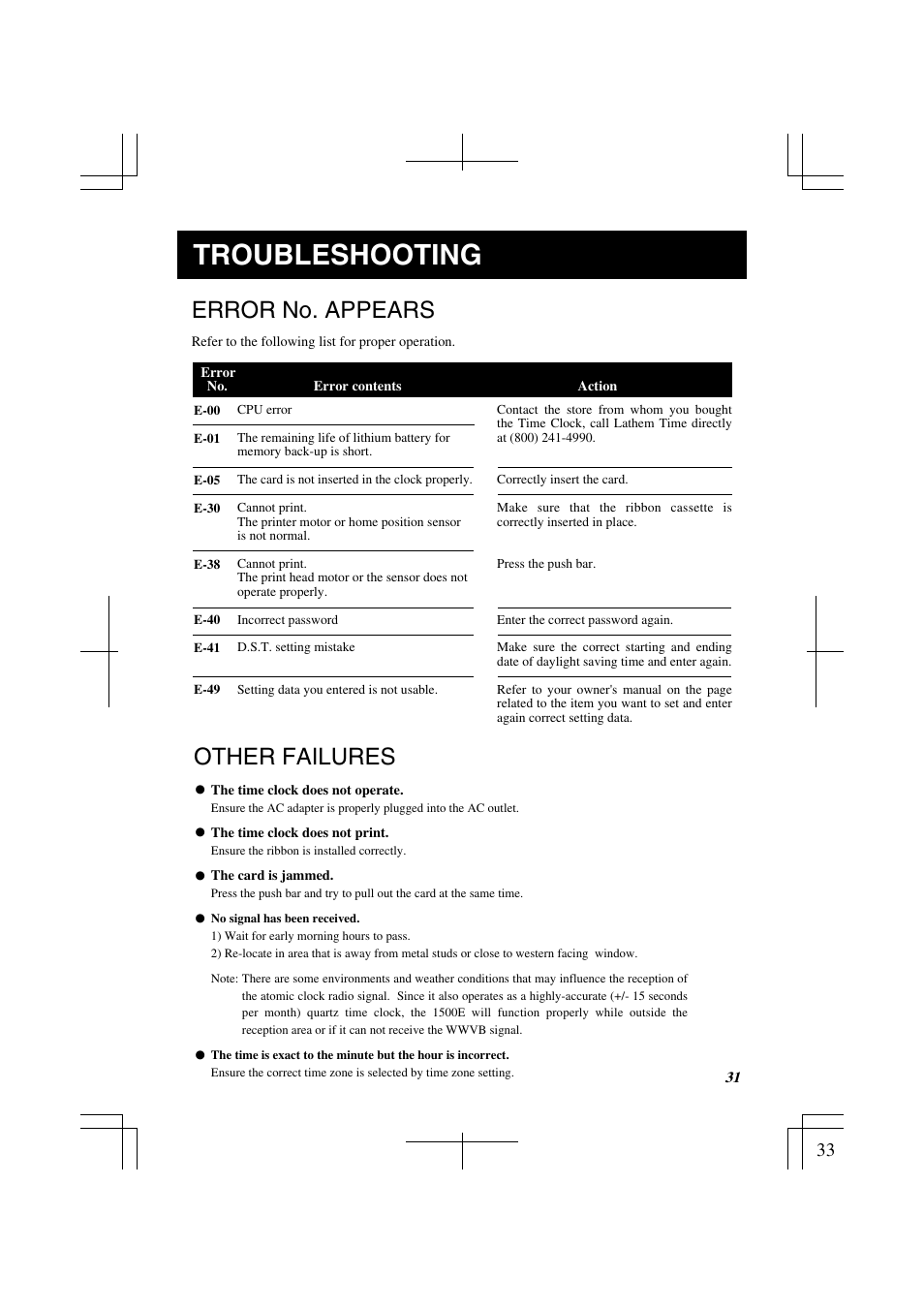 Troubleshooting, Error no. appears, Other failures | Lathem 1500E User Manual | Page 33 / 36