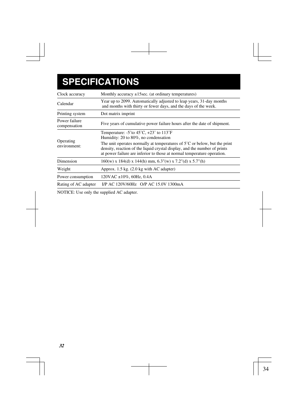 Specifications | Lathem 1500E User Manual | Page 34 / 36